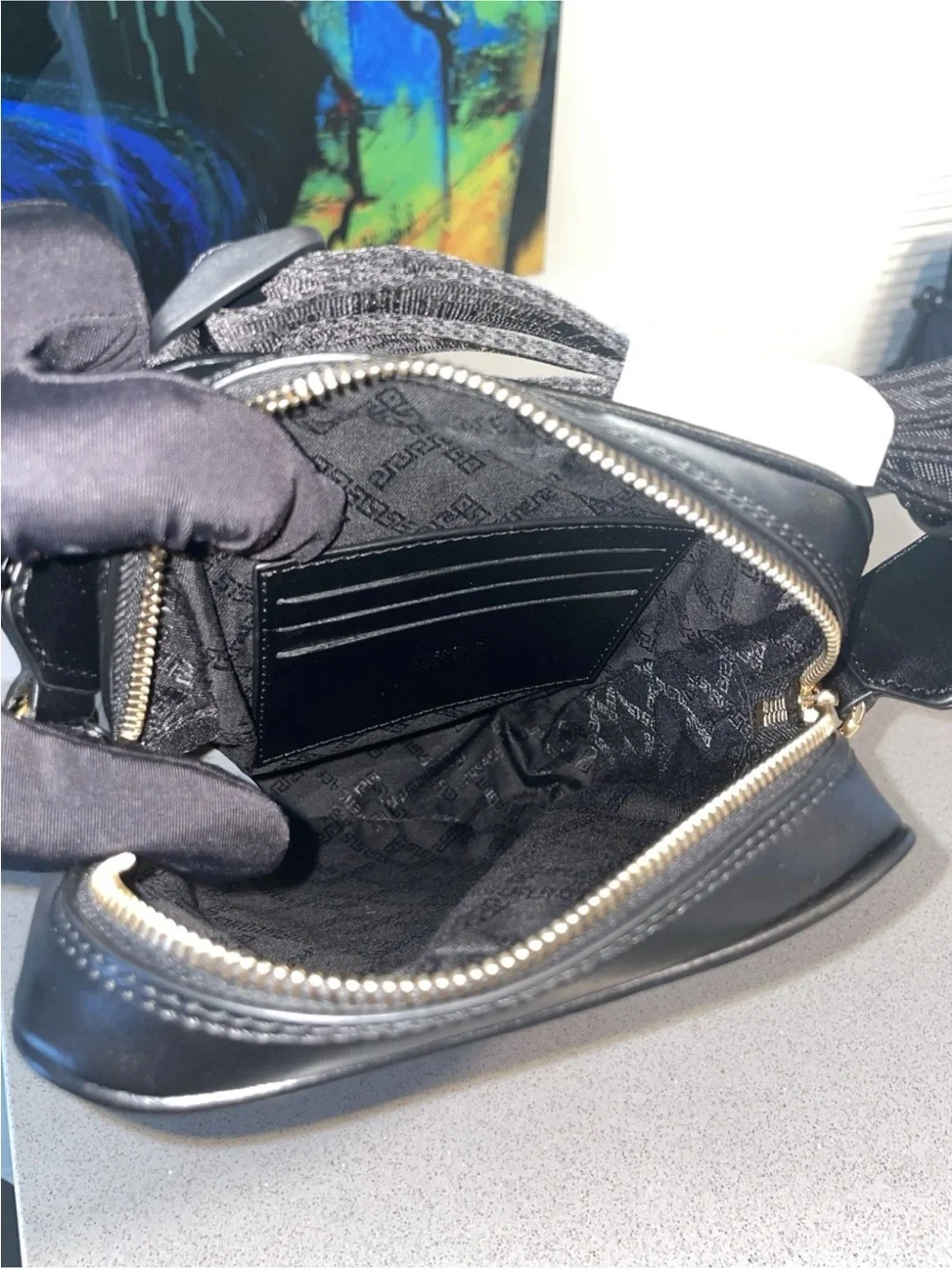 Versace Black Leather Messenger Crossbody with Gold Plaque